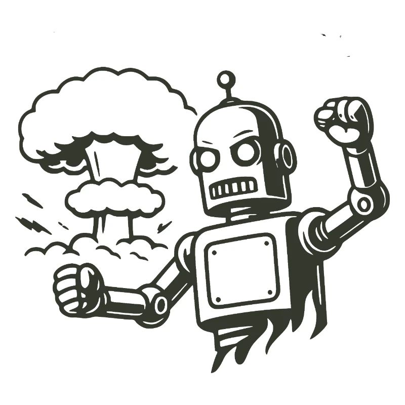 Retro robot in front of explosion cloud