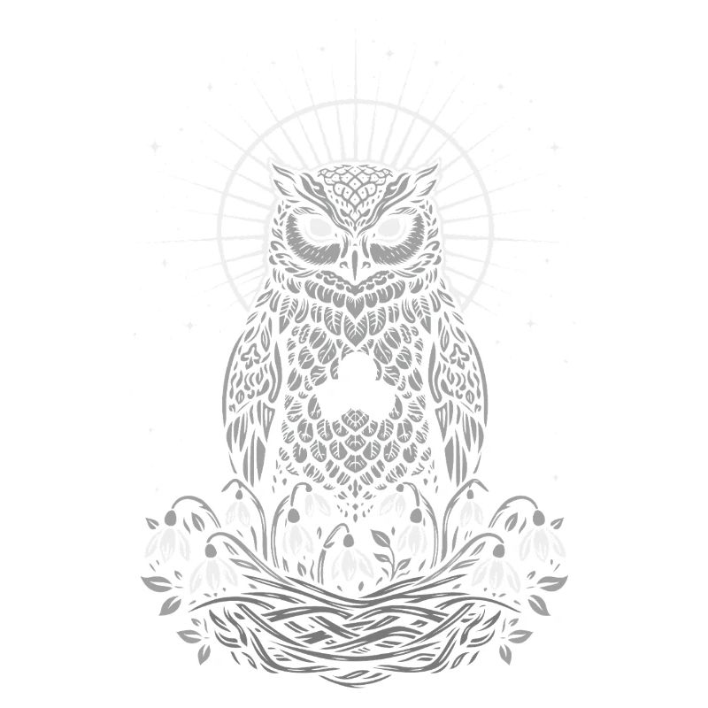 Imbolc Eule mit Triskele und Schneeglöckchen