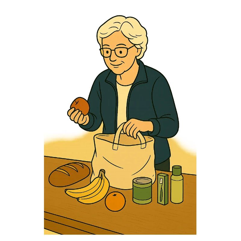 Oma beim Auspacken Einkaufstasche
