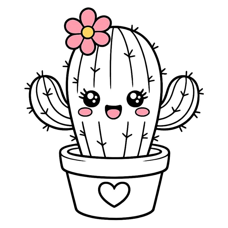 Cactus Kawaii avec fleur – Cactus de dessin animé mignon et mignon