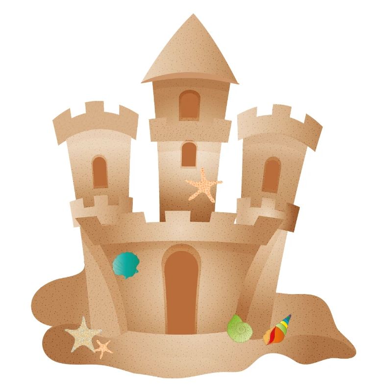 Sand castle with shells and starfish on the beach
