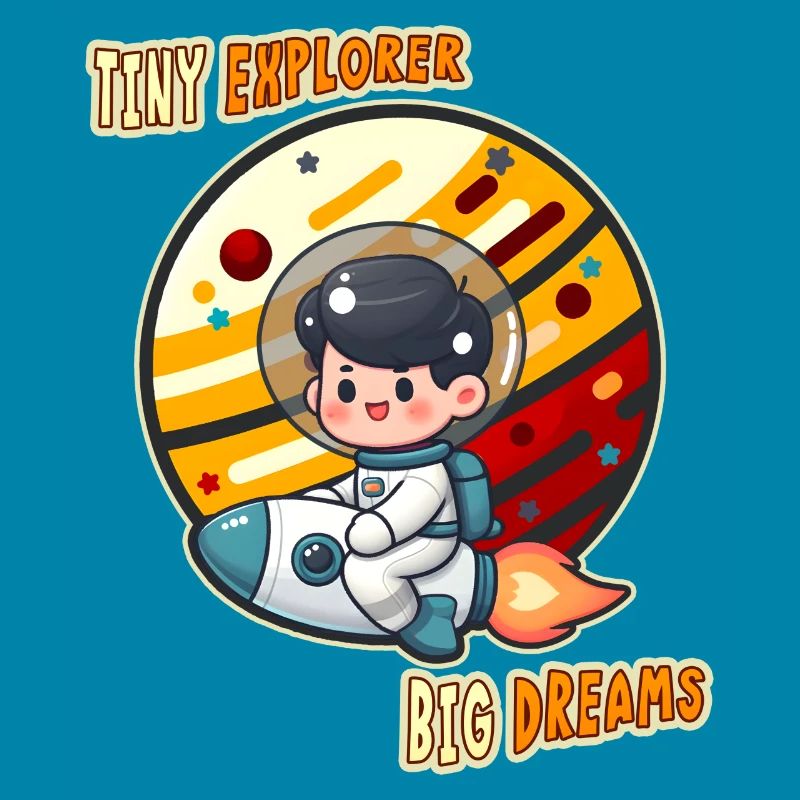 Tiny Cute Explorer, Astronaut Kid on a Rocket Tees
