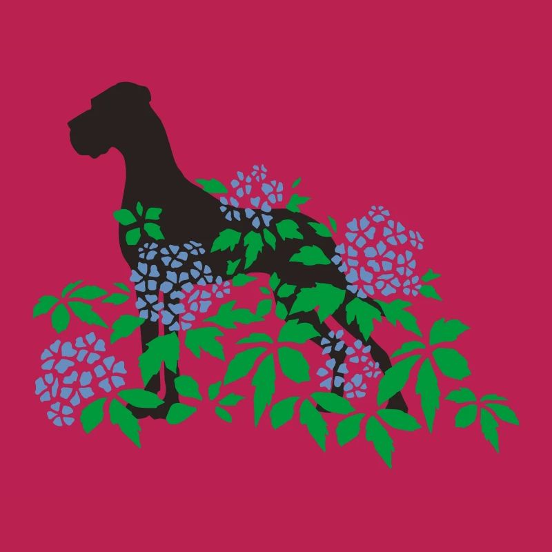 Great Dane and hydrangeas