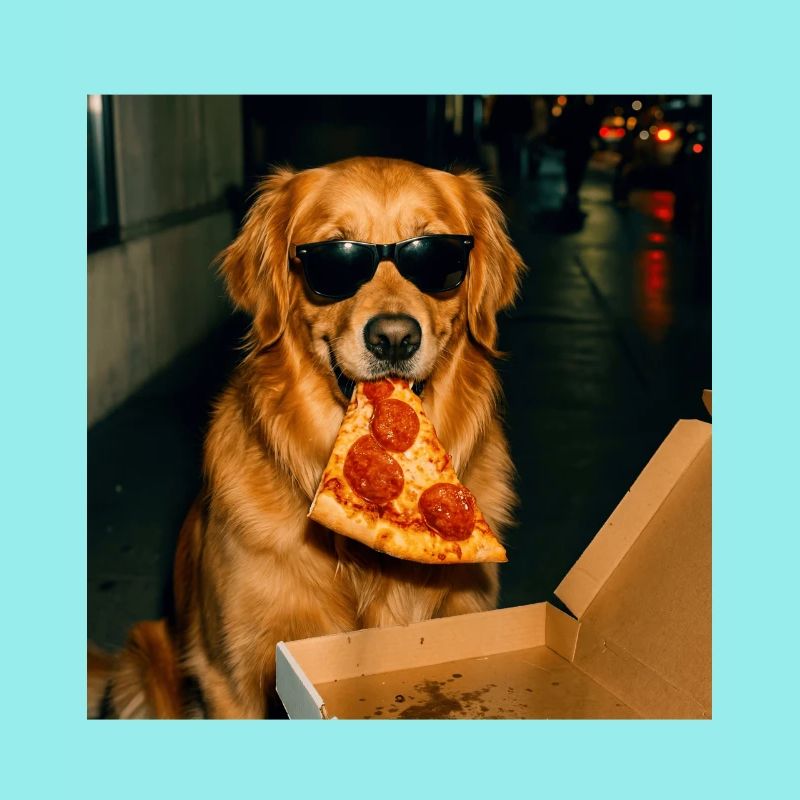 Mème drôle de chien Golden Retriever mangeant de la pizza