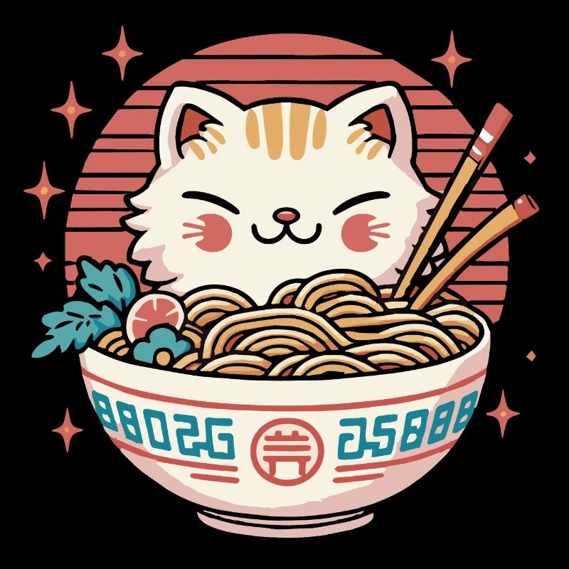 Chat Kawaii Mignon mangeant des Ramen - 1