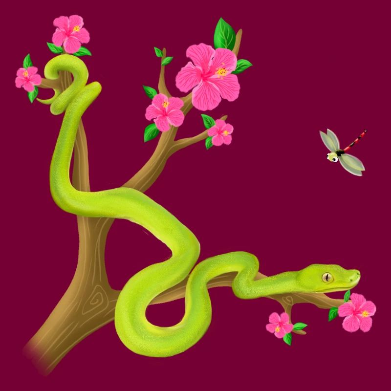 Le serpent Python vert sur l’arbre avec des fleurs