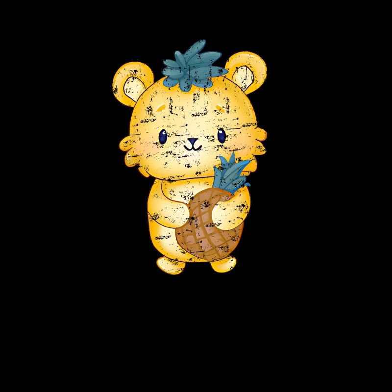 Bear with pineapple in hand and pineapple leaves on