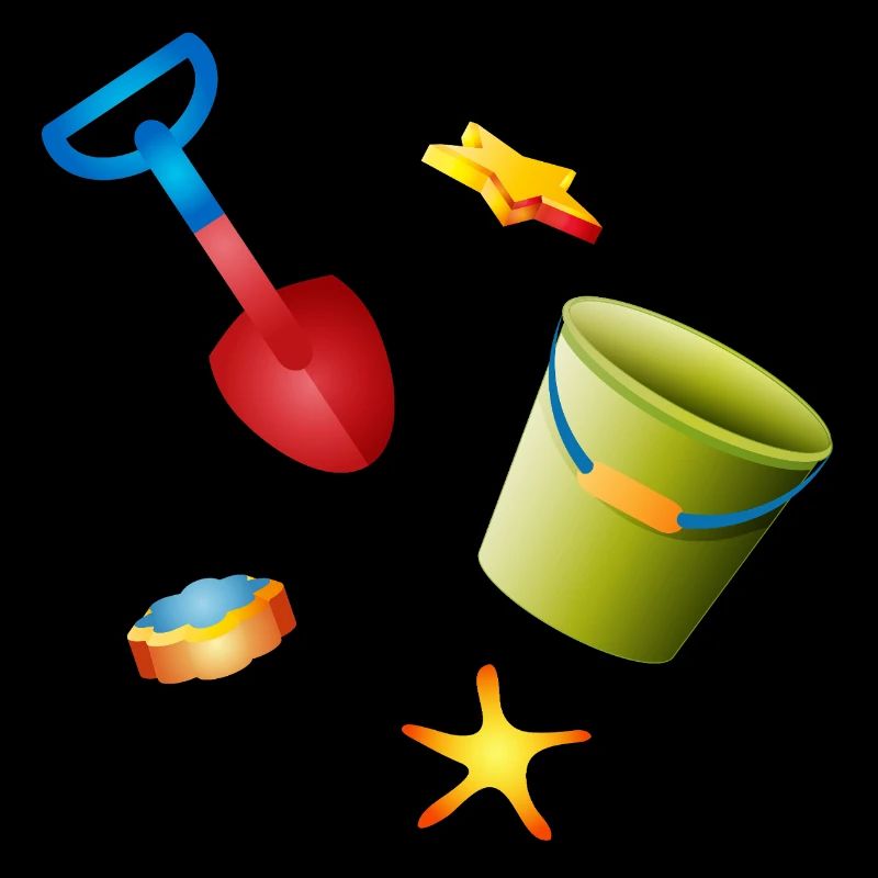 Bunte Schaufel und Eimer mit Förmchen am Strand