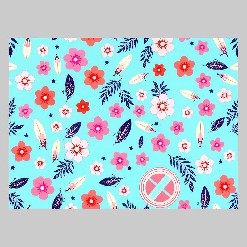 Floral pattern with surfboards on sky blue