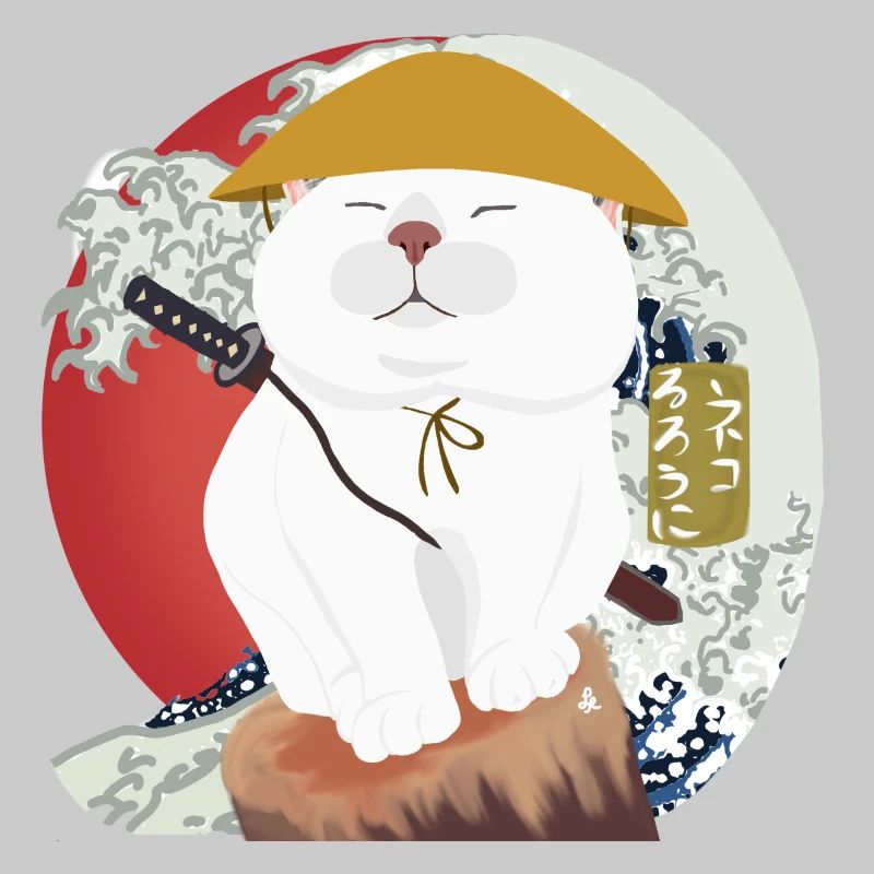 Samurai Katze sitzt auf dem Holz