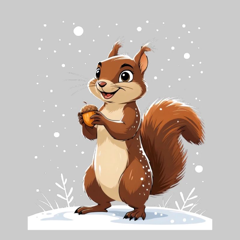 Winterliches Eichhörnchen mit Eichel