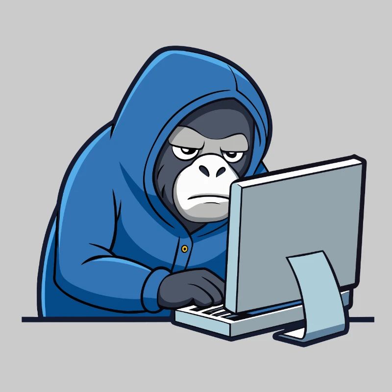 Mignon gorille hacker en sweat à capuche devant le PC