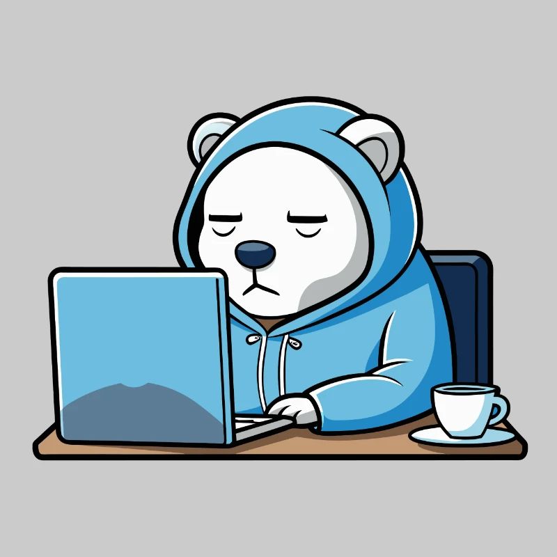 Niedlicher Hacker Eisbär schläft im Hoodie vorm PC