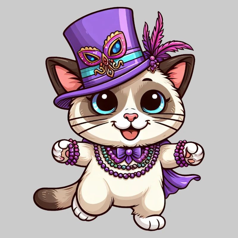 Siamese Cat Mardi Gras Comic Cute