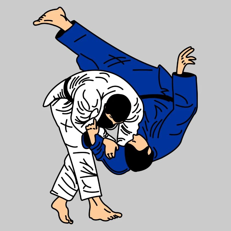Judo werfen im Wettkampf blau-weißer Anzug oder Kimono