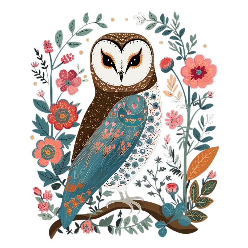 Niedliche Eule Vogel Federn Blumen Muster