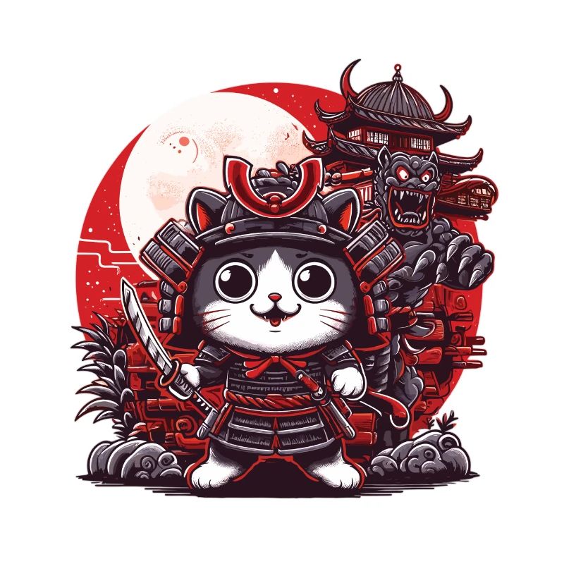 Genießen Sie das Bild der Samurai-Katze und des Monsters