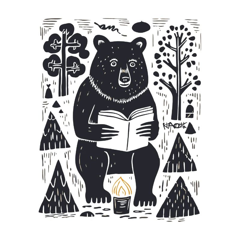 Ein Bär liest ein Buch im Wald