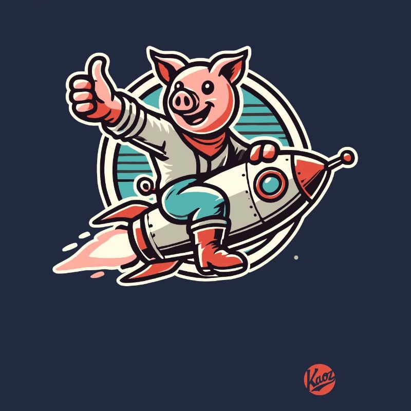 Daumen hoch, ein Schwein auf einer Rakete