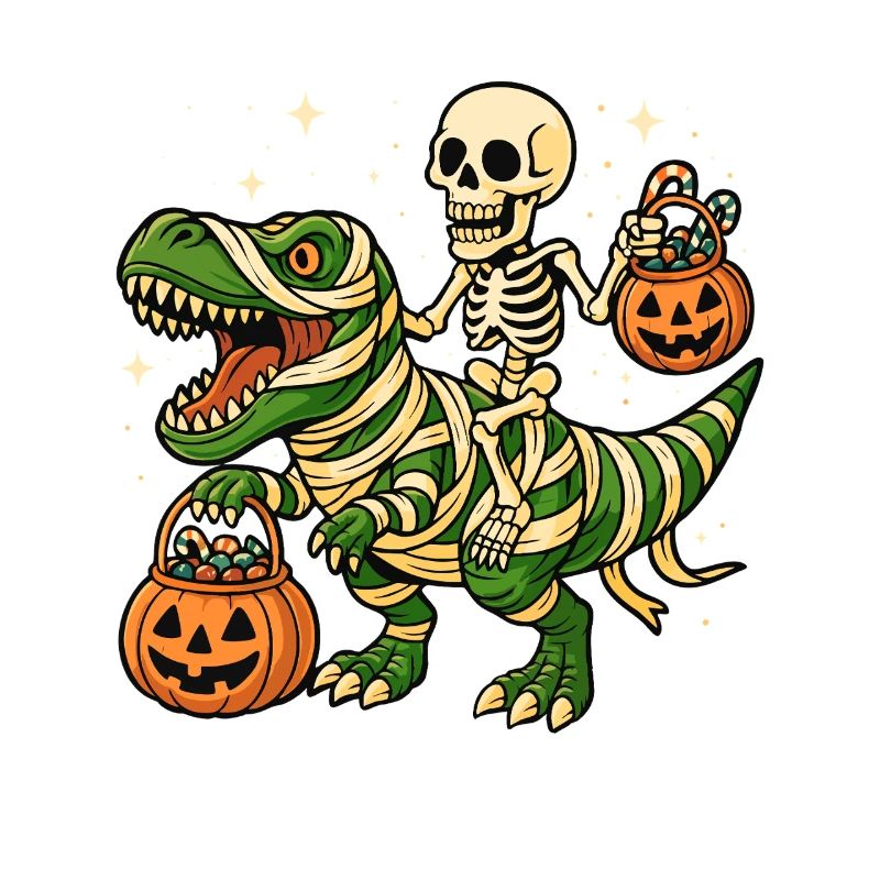 Skeleton Riding T‑Rex — Dino Spooky Halloween Fun