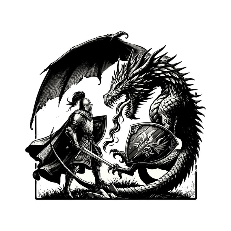 Ritter gegen Drache im Schwarzweiß-Duell