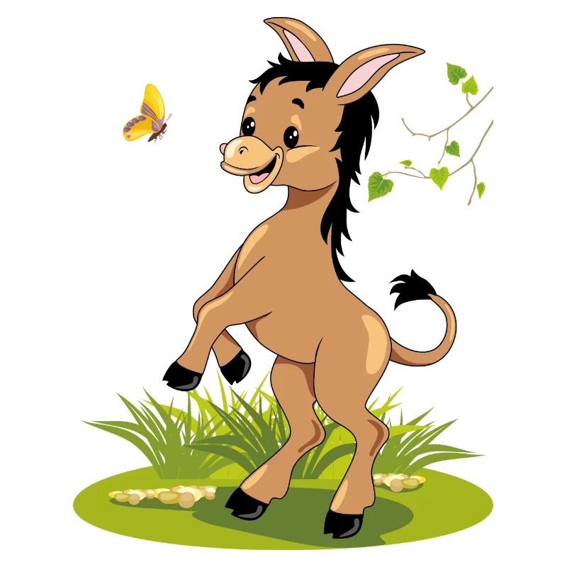 âne brun dansant heureux avec papillon