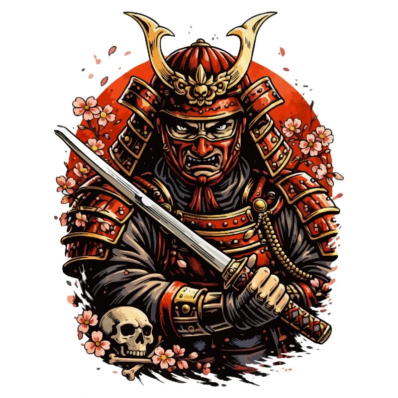 Samurai mit Kirschblüten und Schädel