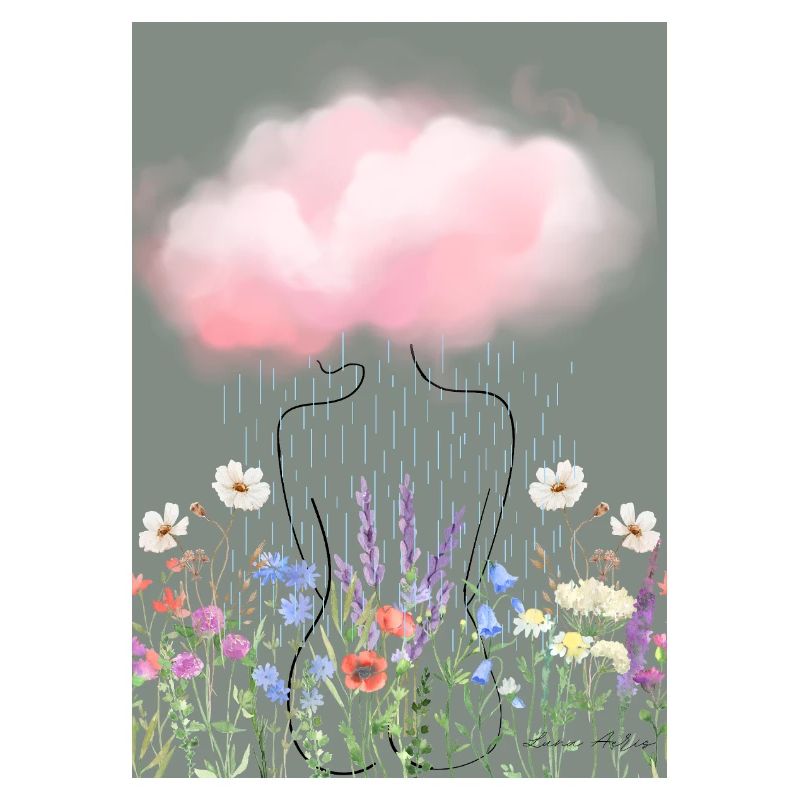 Floral Rain Silhouette Under Pink Cloud