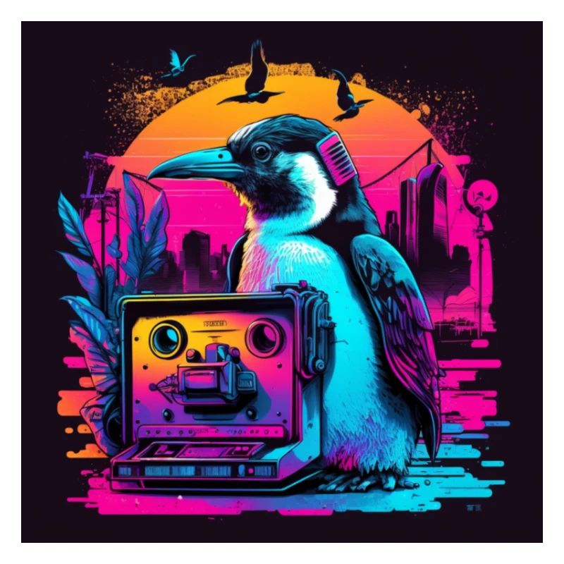 Pingouin aux couleurs néon, synthwave / 80s