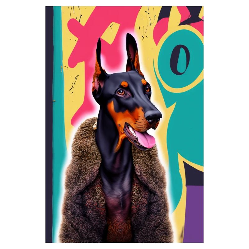Doberman bossy en manteau de fourrure devant des graffitis