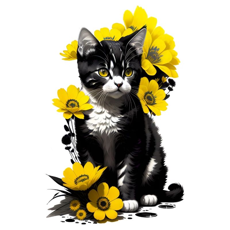 Kätzchen sitzend mit gelben Blumen