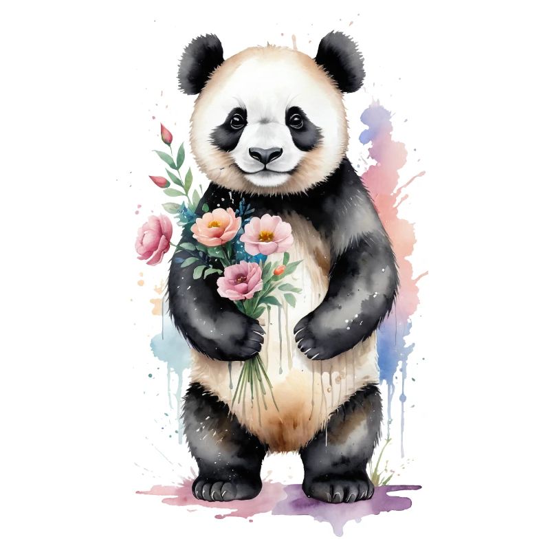 Panda avec des fleurs - Aquarelle