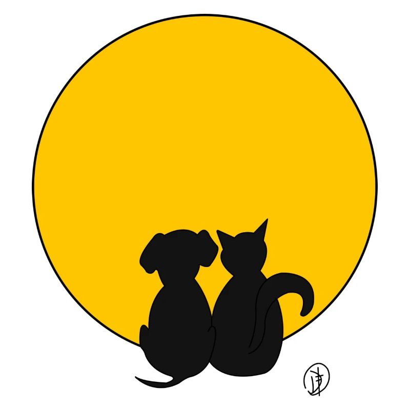 Chat et chien devant la lune