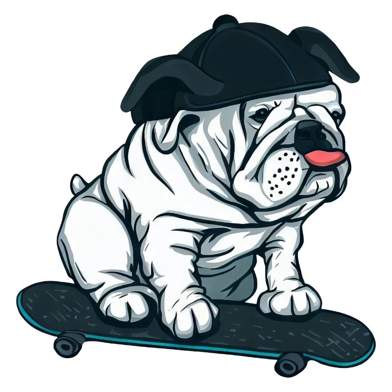 Mops auf Skateboard mit Basecap
