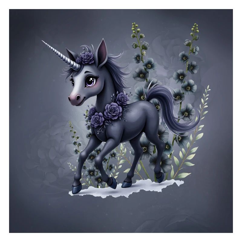 Licorne mystique avec des fleurs dans les tons bleus