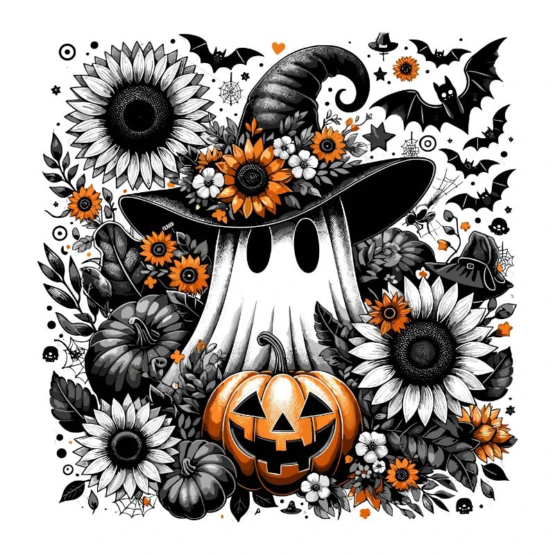 Mignon Floral Ghost Witch avec Citrouille