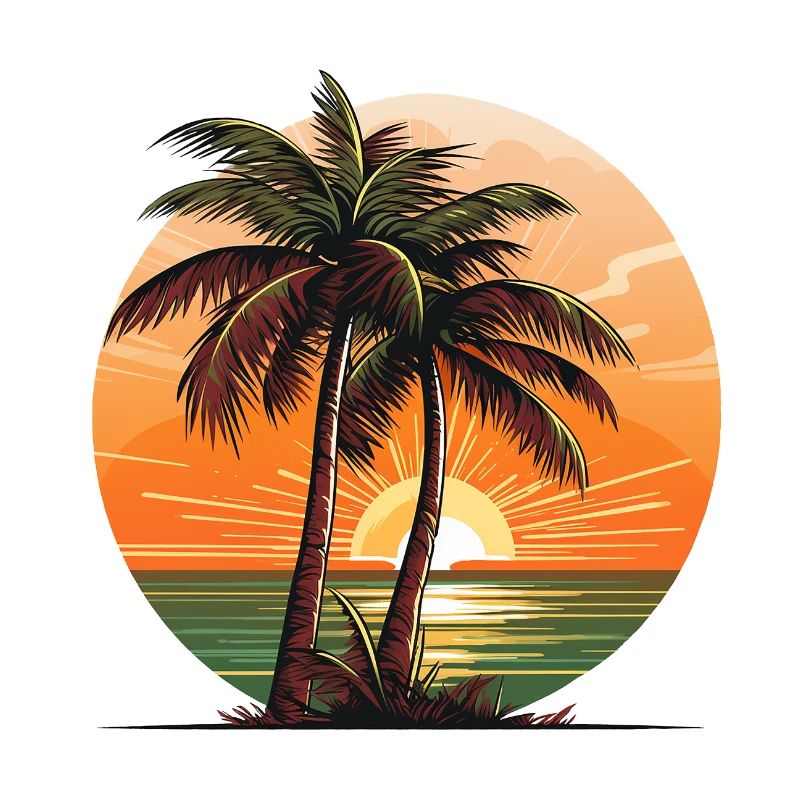 Cocotiers sur la plage devant un coucher de soleil