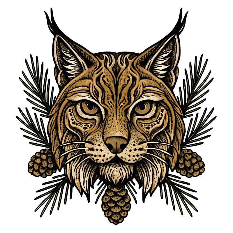 Tête de lynx avec branches de sapin