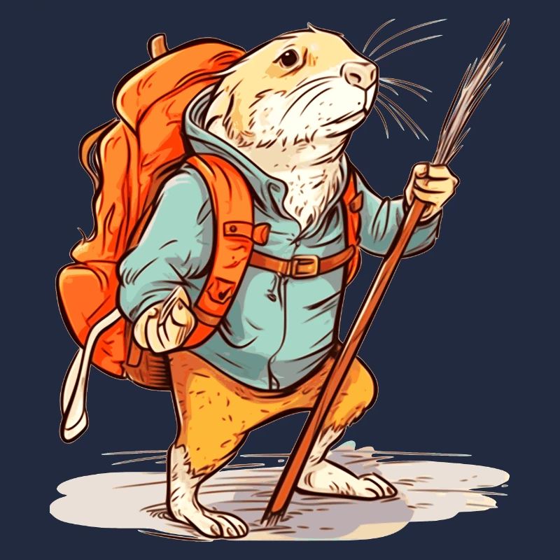 Mole rat as a hiker with stick and backpack