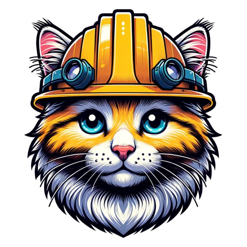 Construction site cat with helmet ideal as a gift.