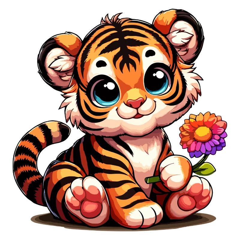Bébé tigre mignon avec une fleur à la main