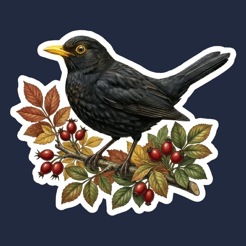 Native blackbird on rosehip branch