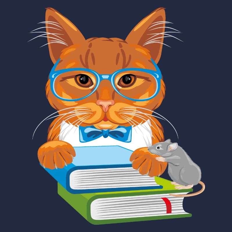Smart ginger cat with books and funny mouse