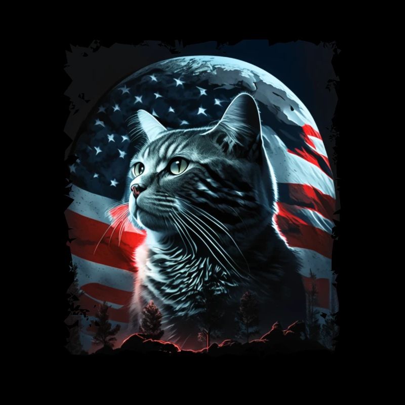 America cat under Moon with American Flag