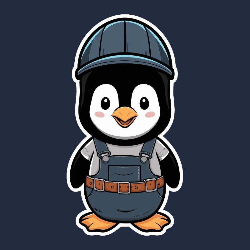 Pingouin avec casque d’ouvrier du bâtiment et salopette