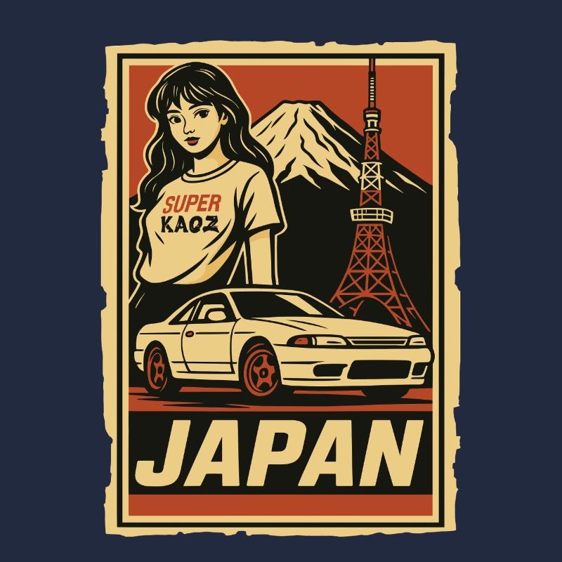 JDM Japan Retrodesign mit Auto und Mädchen