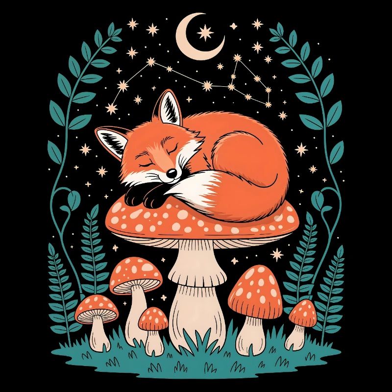 Whimsical Fox Sleeping on Mushroom