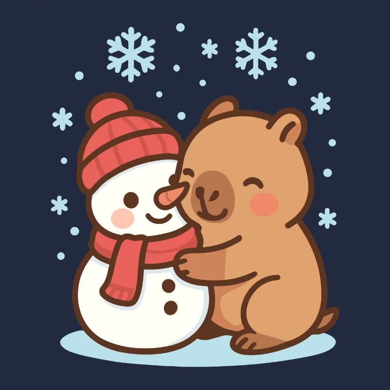 Capybara hugging snowman in winter