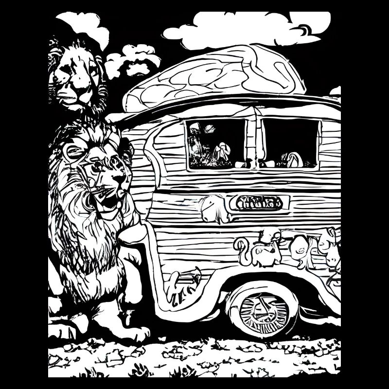 Lion in black and white around a caravan