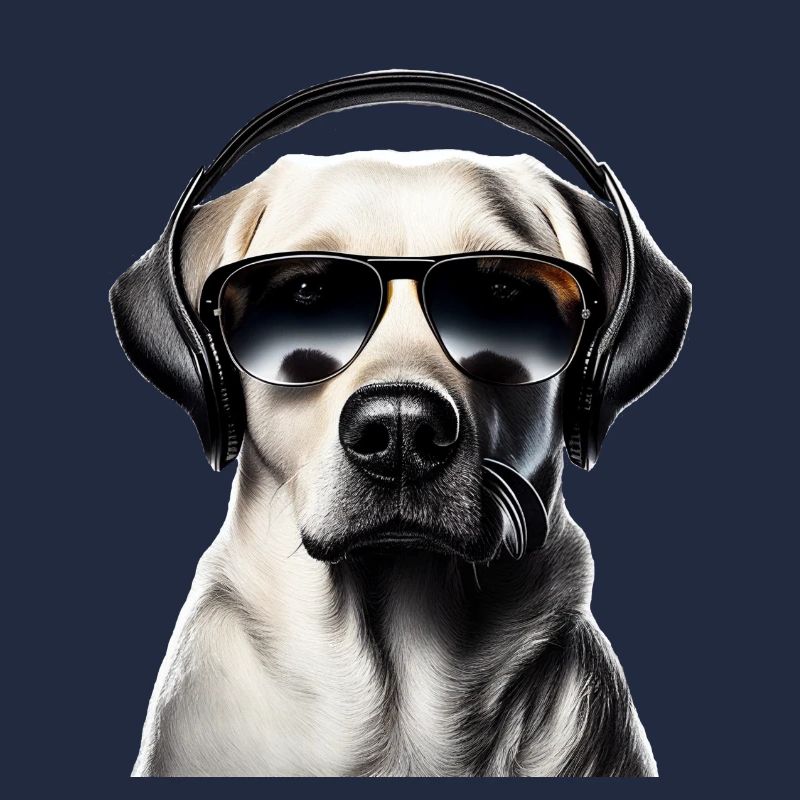 Labrador mit Kopfhörer und Sonnenbrille